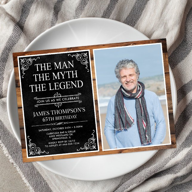 Rustic Man Myth Legend Black 65th Birthday Photo Invitation (Creator Uploaded)