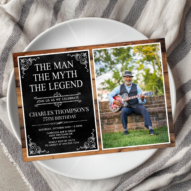 Rustic Man Myth Legend Black 75th Birthday Photo Invitation (Creator Uploaded)