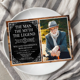 Rustic Man Myth Legend Black 80th Birthday Photo Invitation