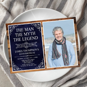 Rustic Man Myth Legend Blue 65th Birthday Photo Invitation