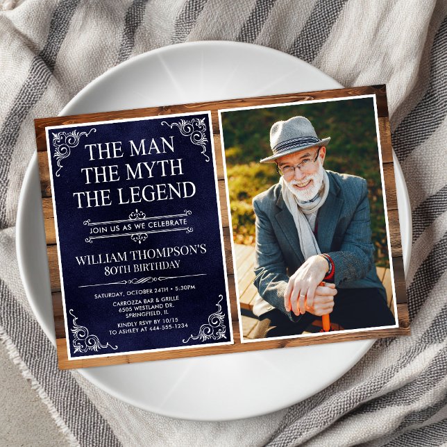 Rustic Man Myth Legend Blue 80th Birthday Photo Invitation (Creator Uploaded)