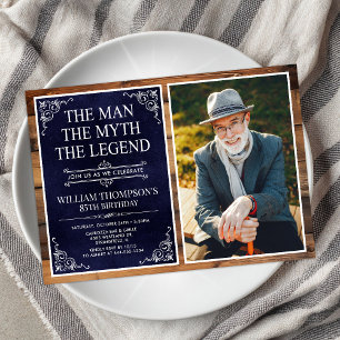 Rustic Man Myth Legend Blue 85th Birthday Photo Invitation
