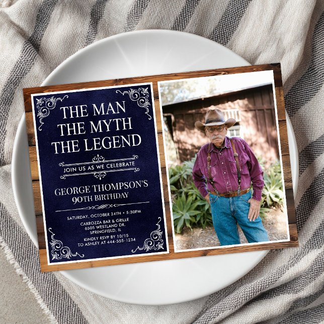 Rustic Man Myth Legend Blue 90th Birthday Photo Invitation (Creator Uploaded)