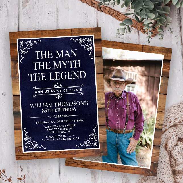 Rustic Man Myth Legend Photo 85th Birthday Invitation (Creator Uploaded)