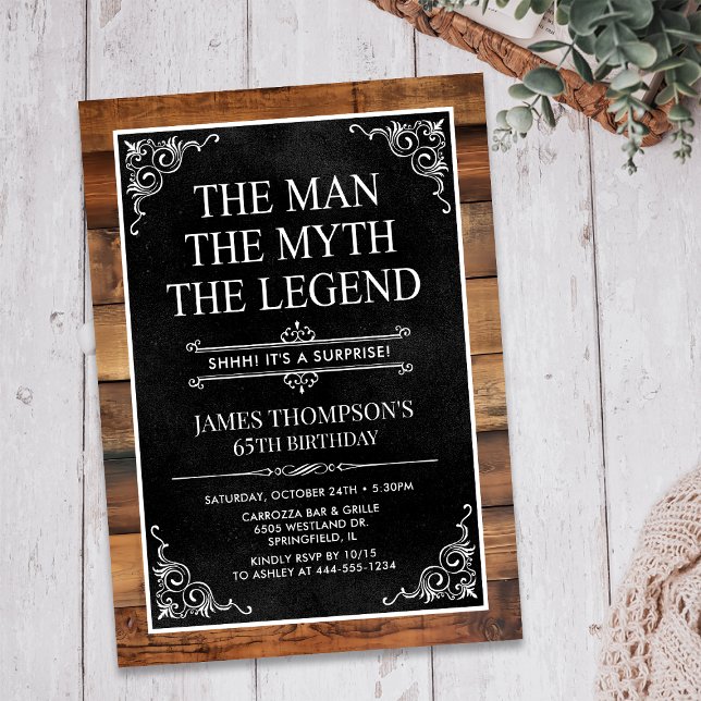 Rustic Man Myth Legend Surprise 65th Birthday Invitation (Creator Uploaded)