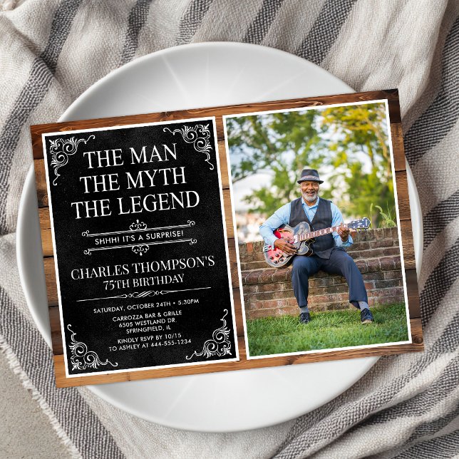 Rustic Man Myth Legend Surprise 75th Birthday Invitation (Creator Uploaded)
