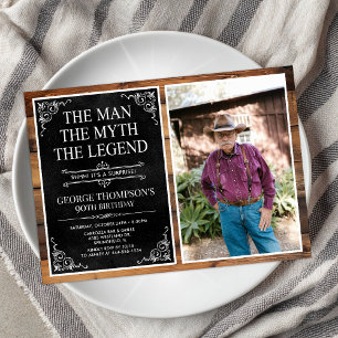 Rustic Man Myth Legend Surprise 90th Birthday Invitation