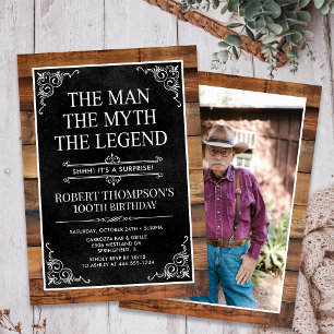 Rustic Man Myth Legend Surprise Photo 100 Birthday Invitation