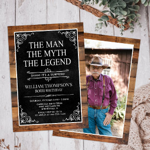 Rustic Man Myth Legend Surprise Photo 80 Birthday Invitation