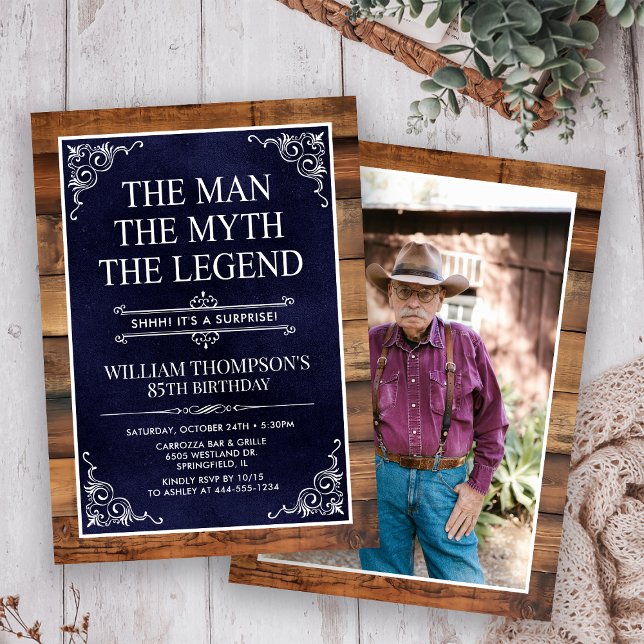 Rustic Man Myth Legend Surprise Photo 85 Birthday Invitation (Creator Uploaded)
