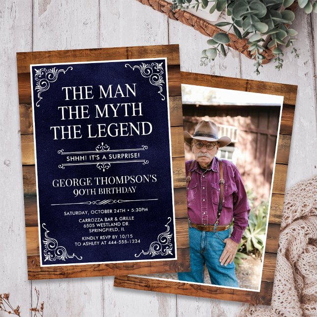 Rustic Man Myth Legend Surprise Photo 90 Birthday Invitation (Creator Uploaded)