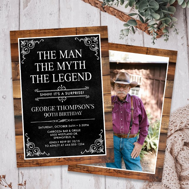 Rustic Man Myth Legend Surprise Photo 90 Birthday Invitation (Creator Uploaded)