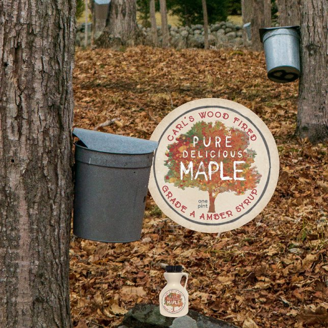 RUSTIC MAPLE autumn colours maple syrup kraft labe Classic Round Sticker (Creator Uploaded)