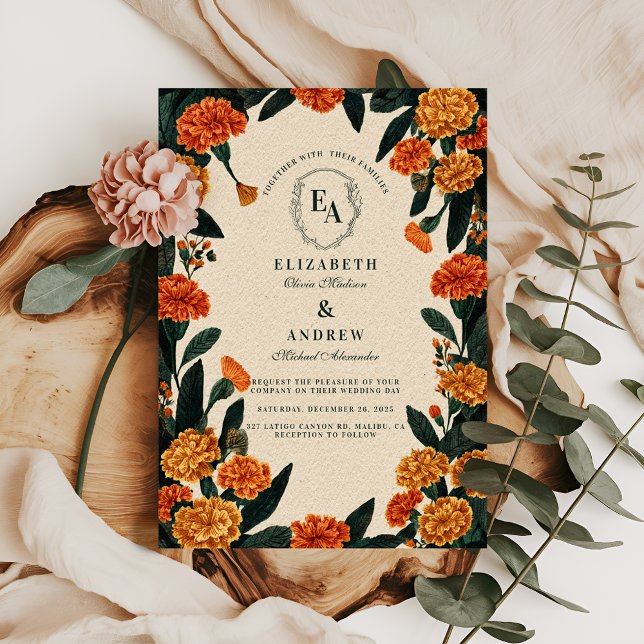 Rustic Marigold Floral Autumn Wedding Invitation (Creator Uploaded)
