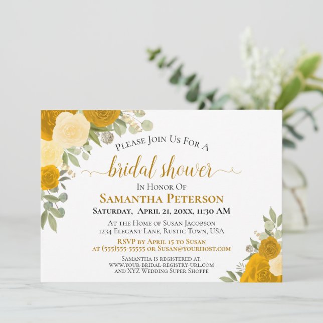 Rustic Marigold & Yellow Boho Roses Bridal Shower Invitation (Standing Front)