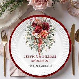 Rustic Maroon Autumn Floral Wedding Paper Plates