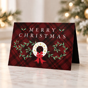 Rustic Maroon Black Plaid Christmas Wreath Family Holiday Card