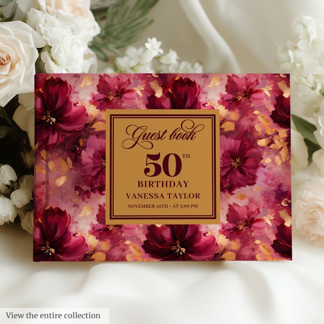 Rustic Maroon Blush Gold Flowers 50th Birthday Guest Book (Rustic Maroon Blush Gold Flowers 50th Birthday Guest Book )