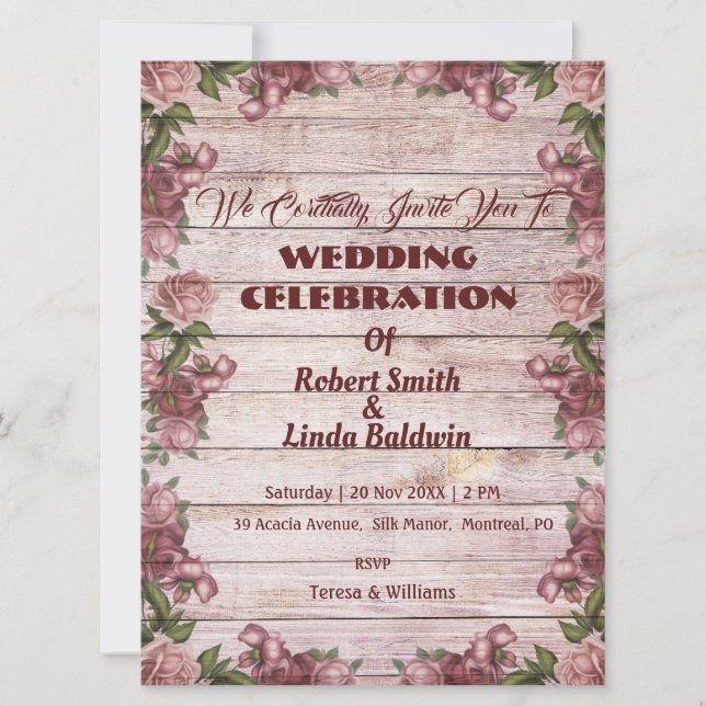 Rustic Maroon Floral Woody Wedding Invitation (Front)