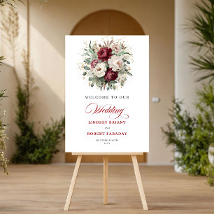Rustic Maroon Flowers Greenery Gold Wedding Welcom Poster