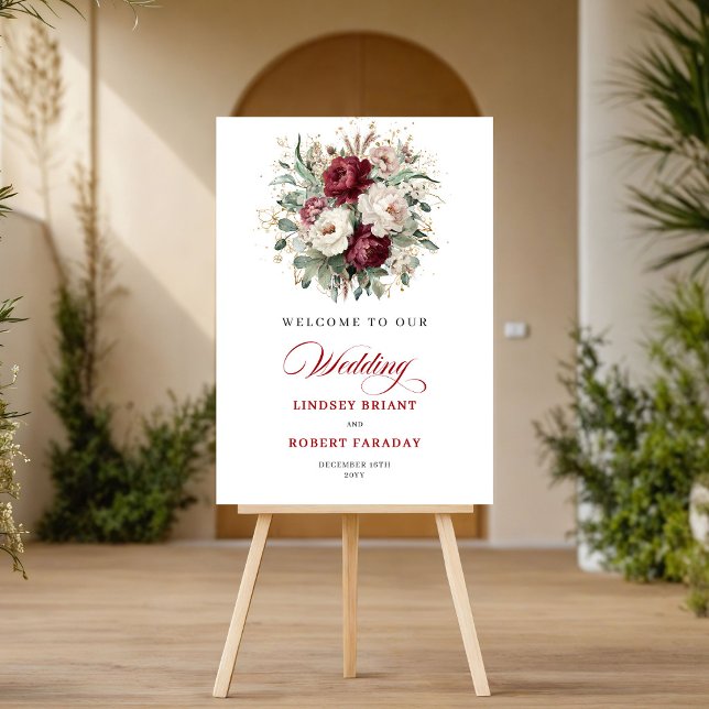 Rustic Maroon Flowers Greenery Gold Wedding Welcom Poster (Rustic Maroon Flowers Greenery Gold Wedding Welcome)