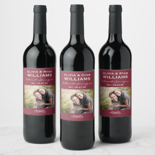 Rustic Maroon Red Photo Wedding Wine Label