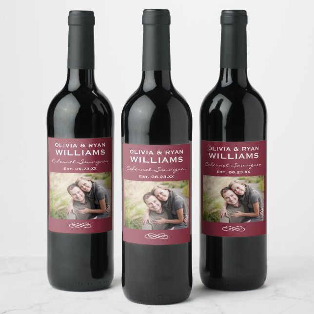 Rustic Maroon Red Photo Wedding Wine Label (Bottles)