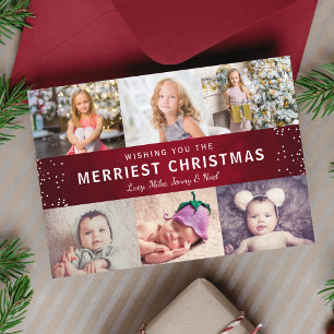 Rustic Maroon Red Winter Christmas Photo Collage Holiday Card