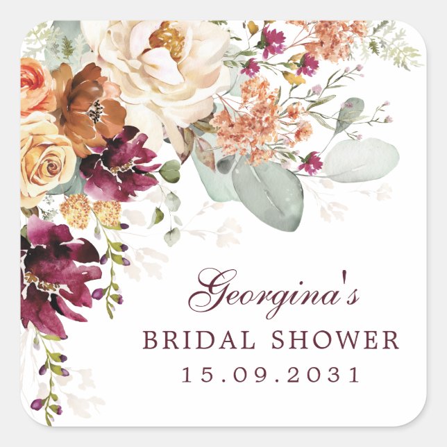 Rustic Maroon Terracotta Bridal Shower Favours Square Sticker (Front)