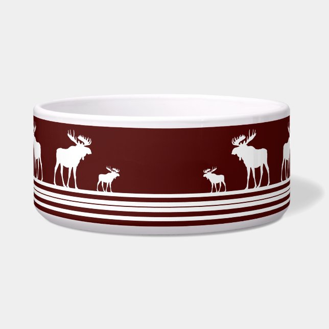 Rustic maroon white moose pet bowl (Front)