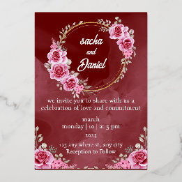 Rustic Maroon Winter Wedding Floral Foil Invitatio