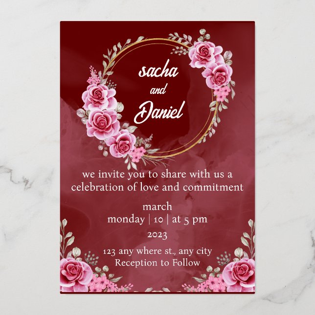 Rustic Maroon Winter Wedding Floral Foil Invitatio (Front)