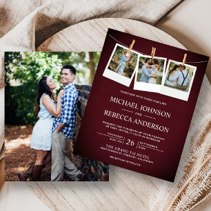 Rustic Maroon Wood Photo Budget Wedding Invitation