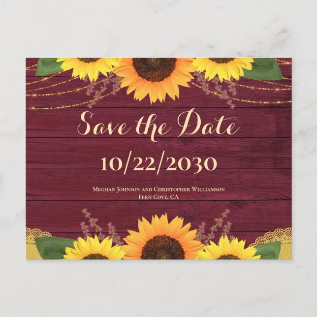 Rustic Maroon Wood Sunflower Wedding Save the Date Announcement Postcard (Front)