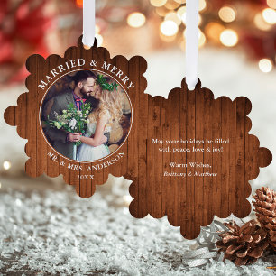 Rustic Married and Merry Wedding Photo Tree Decoration Card