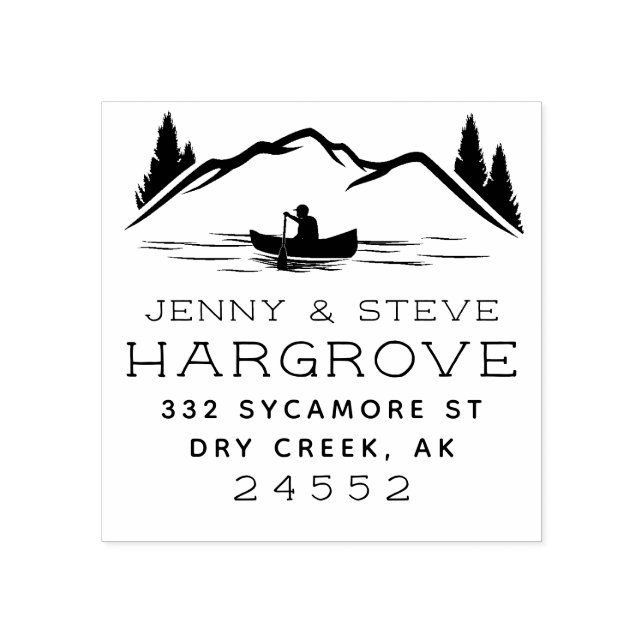 Rustic Married Couple Mountain Canoe Address Rubber Stamp (Imprint)