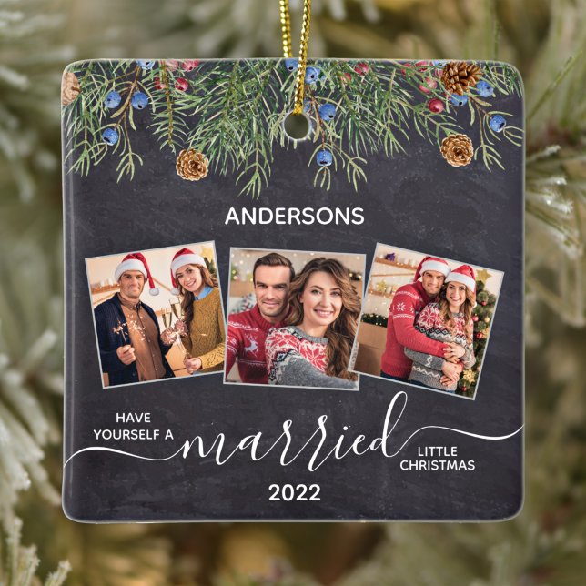 Rustic Married First Christmas Newlyweds 3 Photo Ceramic Ornament (Creator Uploaded)