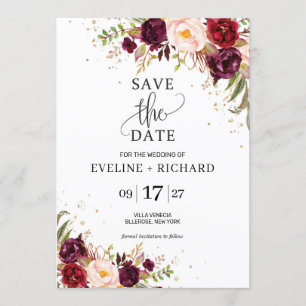 Rustic marsala blush pink floral save the date invitation