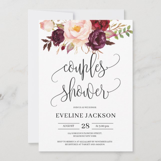 Rustic marsala burgundy boho floral couples shower invitation (Front)