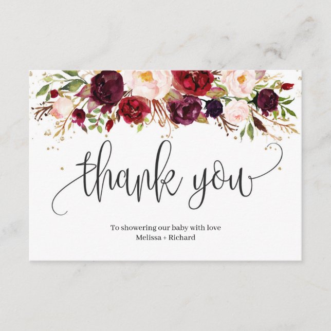 Rustic marsala burgundy floral gold baby shower enclosure card (Front)