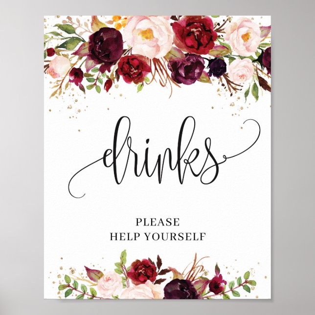 Rustic marsala burgundy floral gold drinks sign (Front)