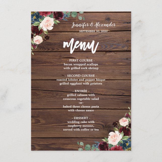 Rustic Marsala Burgundy Floral Wedding Menu (Front)