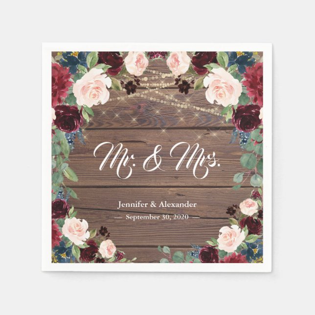 Rustic Marsala Burgundy Floral Wedding Napkin (Front)