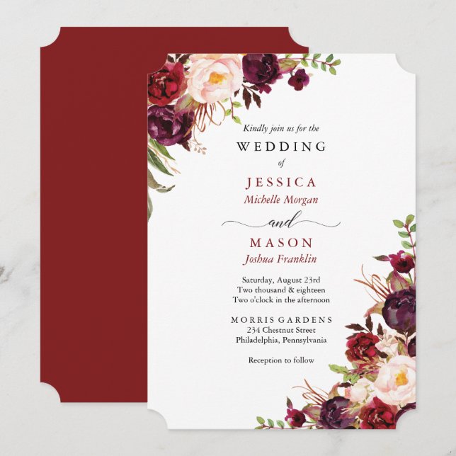 Rustic Marsala Burgundy Wedding Invitation (Front/Back)