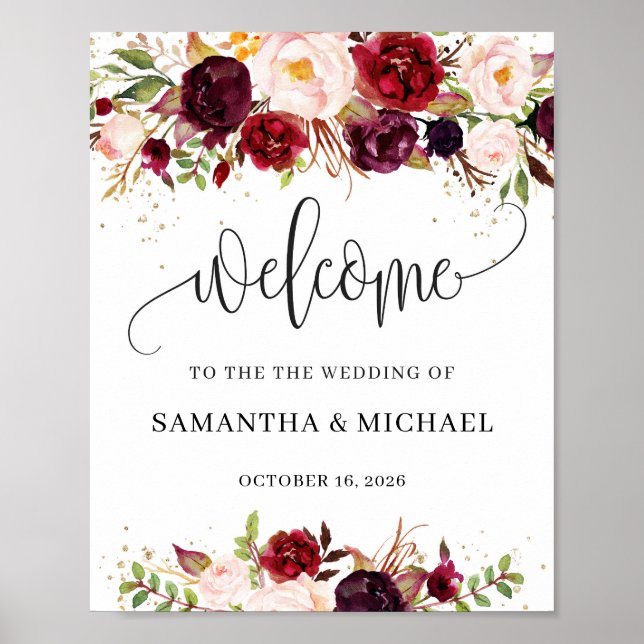 Rustic marsala burgundy wedding welcome sign (Front)