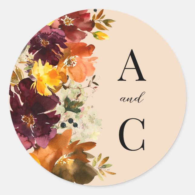 Rustic Marsala Burnt Orange Fall Wreath Classic Round Sticker (Front)