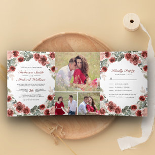 Rustic Marsala Floral Bloom Photo Collage Wedding Tri-Fold Invitation