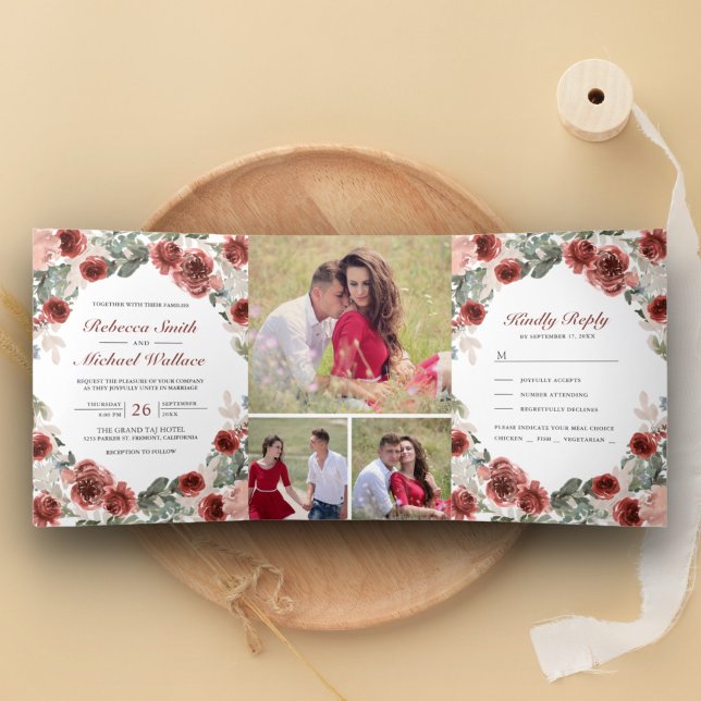 Rustic Marsala Floral Bloom Photo Collage Wedding Tri-Fold Invitation (Creator Uploaded)
