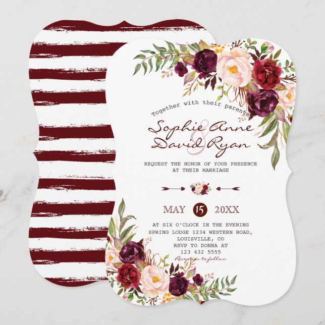 Rustic Marsala Floral Burgundy Stripes Wedding Invitation (Front/Back)