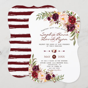 Rustic Marsala Floral Burgundy Stripes Wedding Invitation